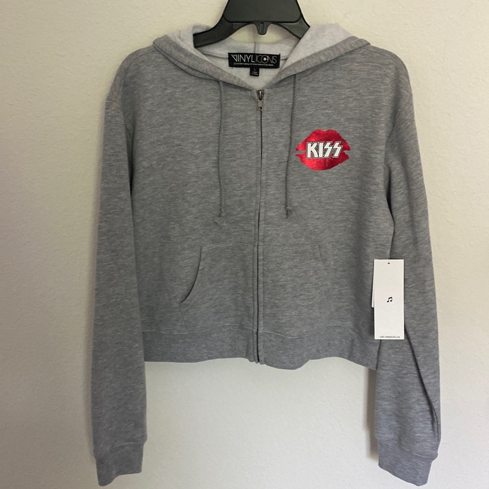 NWT ~ KISS hoodie by Vinyl Icons, cropped, heather grey, size L - Picture 2 of 7